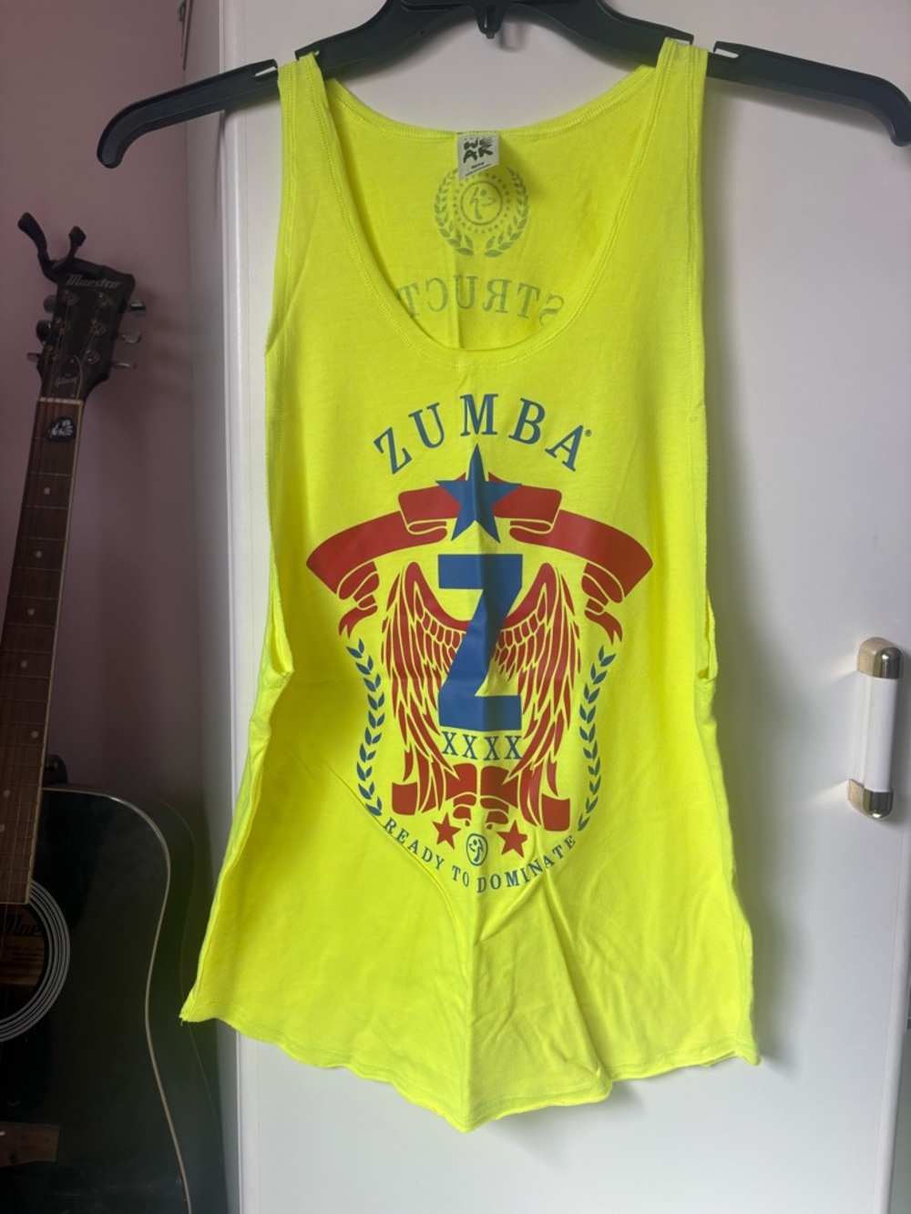 Zumba Fitness Bright Neon Yellow Graphic Tank with Red & Blue Crest